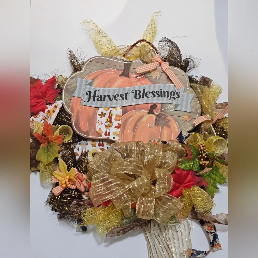 Hand Crafted handmade holiday wreath Harvest Blessings Gnome fabric plaid ribbon